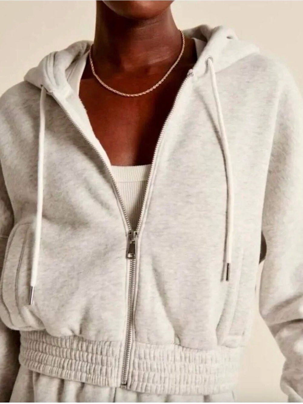 Abercrombie & Fitch Cropped Light Gray Zip-Front Hoodie -